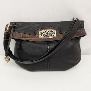 Vtg Brighton Purse Leather Black Embossed Croc Trim Shoulder Bag Fold Over